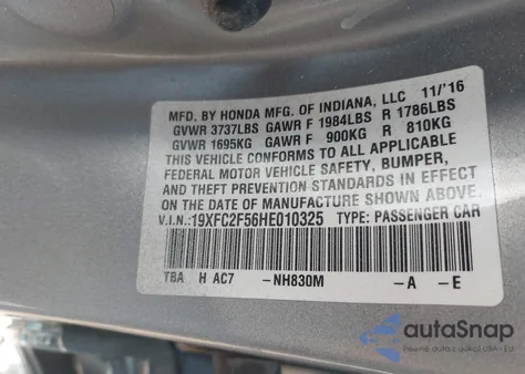 2017 Honda Civic Lx from USA, damaged, VIN 19XFC2F56HE010325